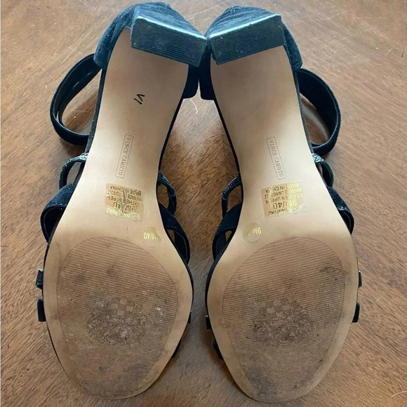 Vince Camuto Black Strappy Leather & Suede 4” Block Heel Zip EUC Women’s Size: 9 - Picture 7 of 8